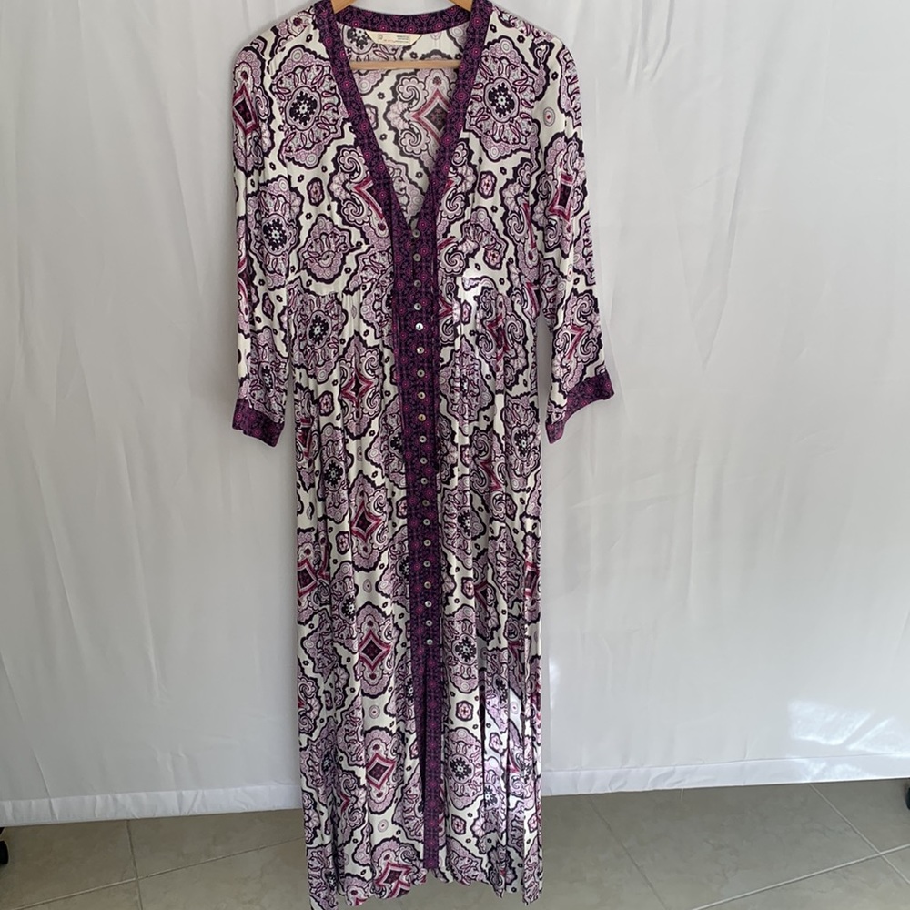 Odd Molly Boho Satin Paisley Button Front Maxi Dress Purple White Size Small